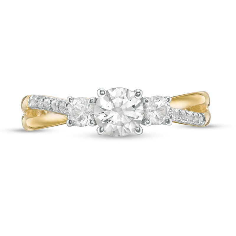 Main Image 4 of Lab-Created White Sapphire Three Stone Split Shank Ring in 10K Gold