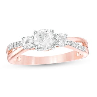 Lab-Created White Sapphire Three Stone Split Shank Ring in 10K Rose Gold
