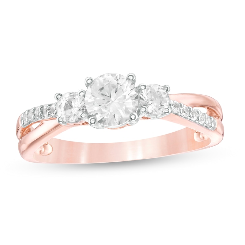 Lab-Created White Sapphire Three Stone Split Shank Ring in 10K Rose Gold
