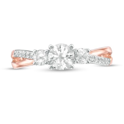 Lab-Created White Sapphire Three Stone Split Shank Ring in 10K Rose Gold