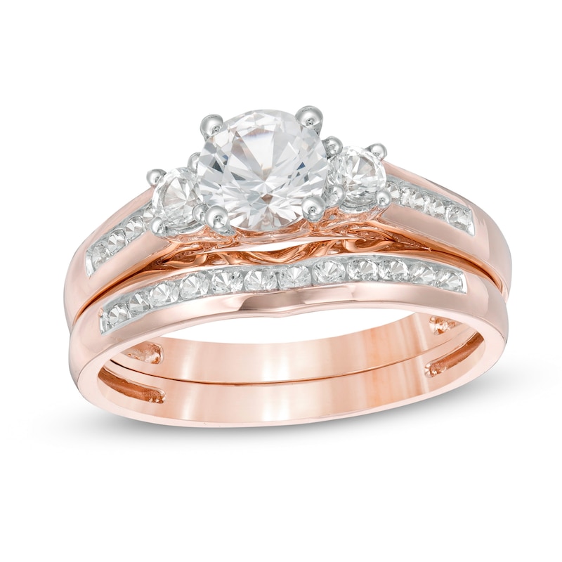 5.4mm Lab-Created White Sapphire Three Stone Bridal Set in 10K Rose Gold|Peoples Jewellers