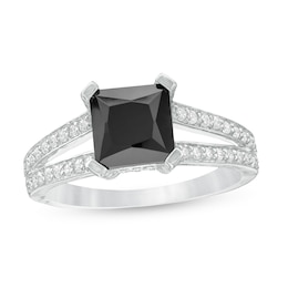 7.2mm Princess-Cut Lab-Created Black Sapphire and 0.23 CT. T.W. Diamond Split Shank Ring in 10K White Gold