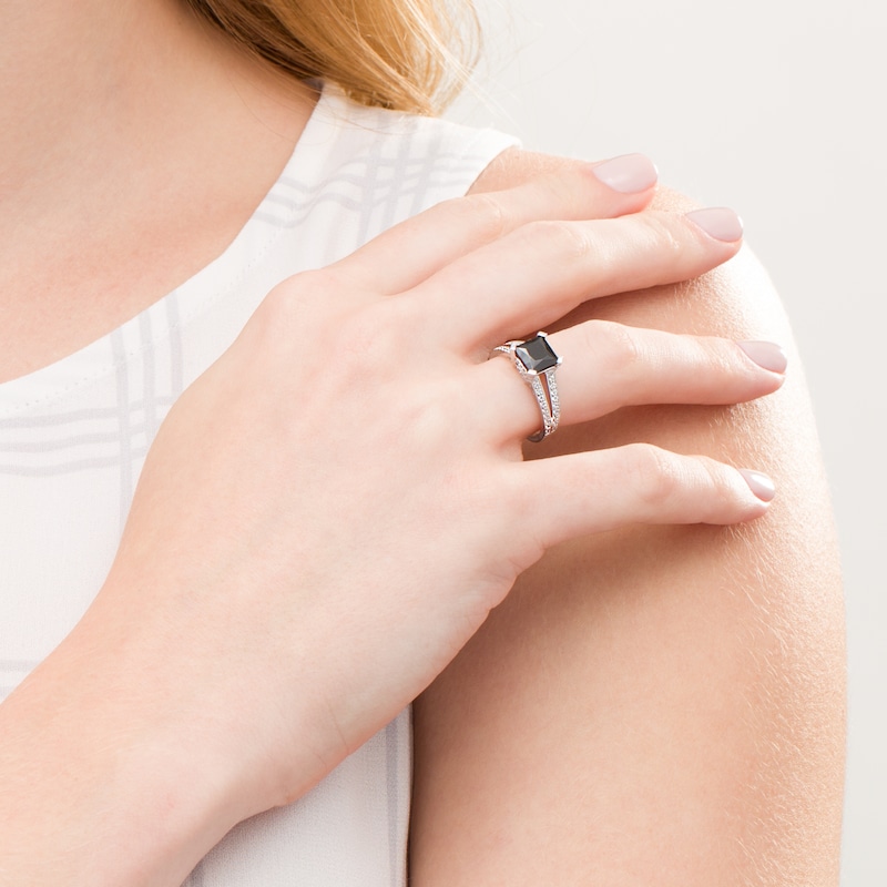 Main Image 2 of 7.2mm Princess-Cut Lab-Created Black Sapphire and 0.23 CT. T.W. Diamond Split Shank Ring in 10K White Gold