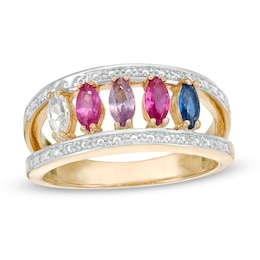 Mother's Marquise Birthstone and Beaded Open Shank Ring (3-5 Stones)