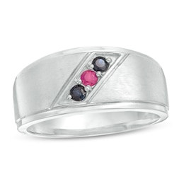 Men's Birthstone Slant Multi-Finished Stepped Edge Ring (3 Stones)