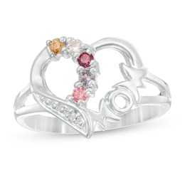 Mother's Birthstone and Diamond Accent Beaded Loop &quot;MOM&quot; Heart Outline Ring (3-7 Stones)