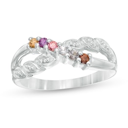 Mother's Birthstone and Diamond Accent Beaded Leaves Split Shank Crossover Ring (3-7 Stones)