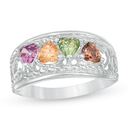 Mother's 4.0mm Birthstone Mirrored Hearts Rope-Textured Ring (2-5 Stones)