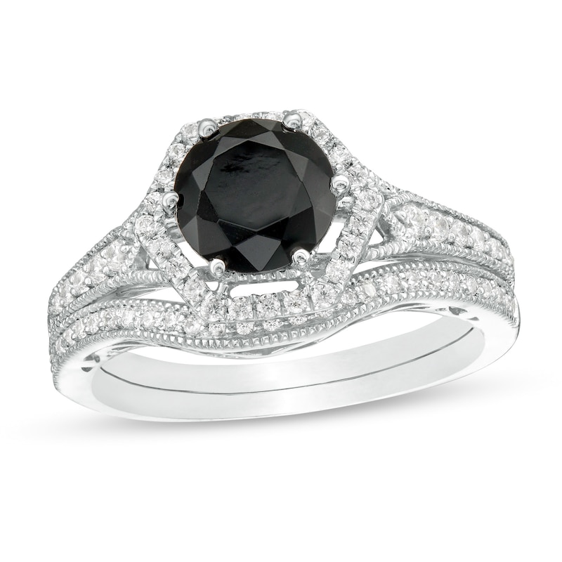 Main Image 1 of 7.0mm Lab-Created Black Sapphire and 0.37 CT. T.W. Diamond Hexagonal Frame Vintage-Style Bridal Set in 10K White Gold