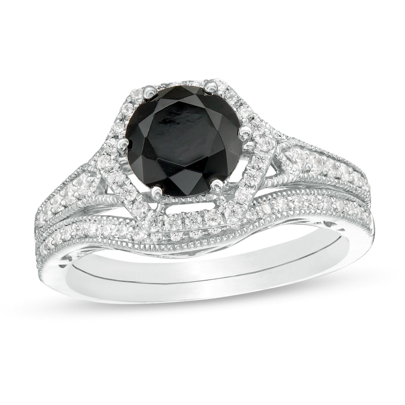 7.0mm Lab-Created Black Sapphire and 0.37 CT. T.W. Diamond Hexagonal Frame Vintage-Style Bridal Set in 10K White Gold