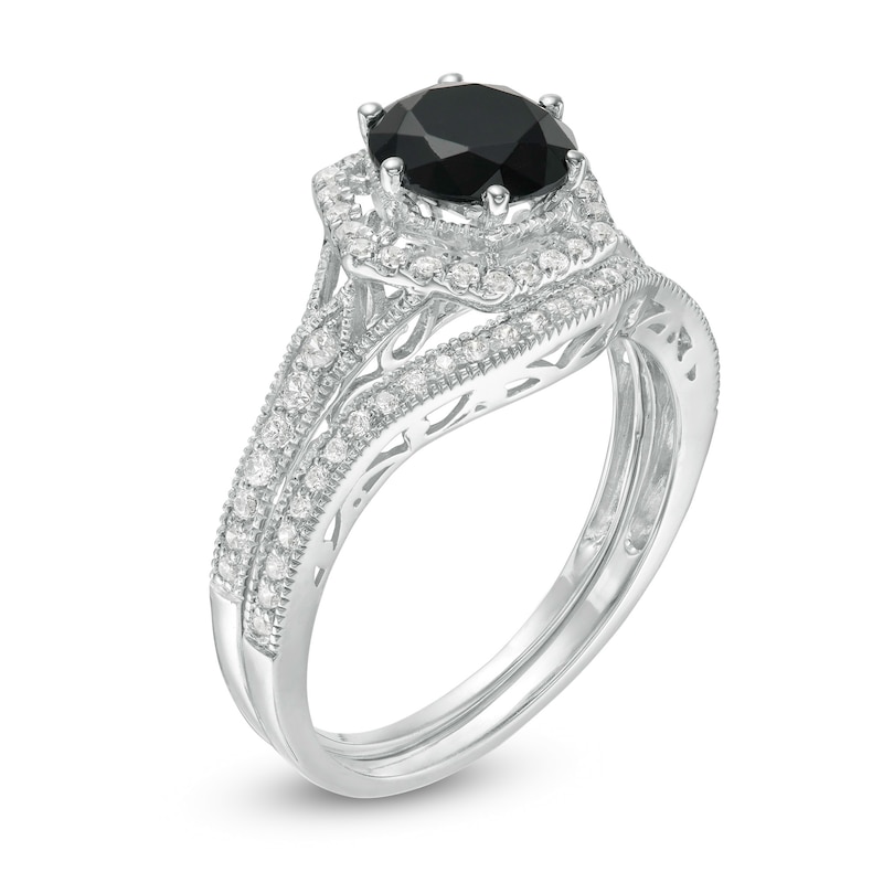 7.0mm Lab-Created Black Sapphire and 0.37 CT. T.W. Diamond Hexagonal Frame Vintage-Style Bridal Set in 10K White Gold