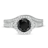 Thumbnail Image 4 of 7.0mm Lab-Created Black Sapphire and 0.37 CT. T.W. Diamond Hexagonal Frame Vintage-Style Bridal Set in 10K White Gold