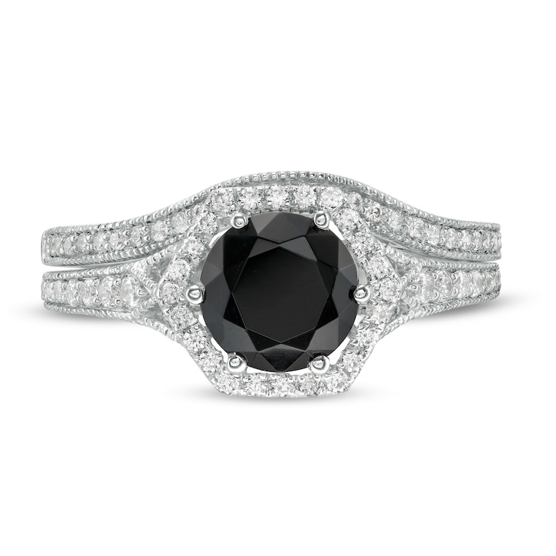 Main Image 4 of 7.0mm Lab-Created Black Sapphire and 0.37 CT. T.W. Diamond Hexagonal Frame Vintage-Style Bridal Set in 10K White Gold