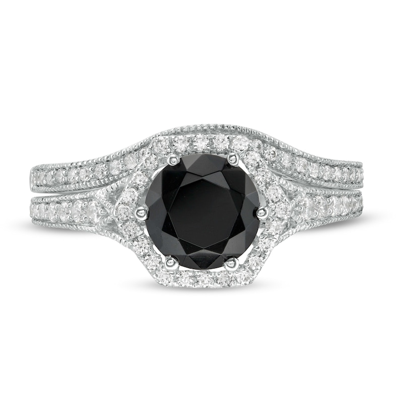 7.0mm Lab-Created Black Sapphire and 0.37 CT. T.W. Diamond Hexagonal Frame Vintage-Style Bridal Set in 10K White Gold