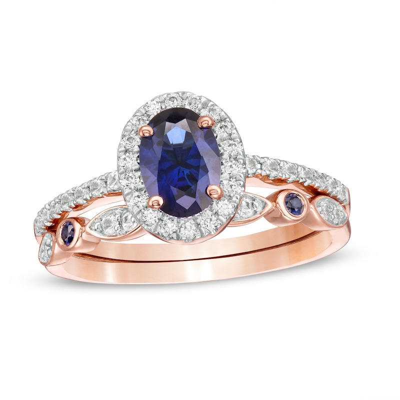 Oval Lab-Created Blue and White Sapphire Frame Art Deco Bridal Set in 10K Rose Gold|Peoples Jewellers