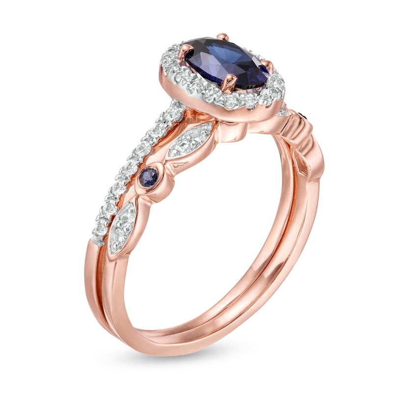 Oval Lab-Created Blue and White Sapphire Frame Art Deco Bridal Set in 10K Rose Gold