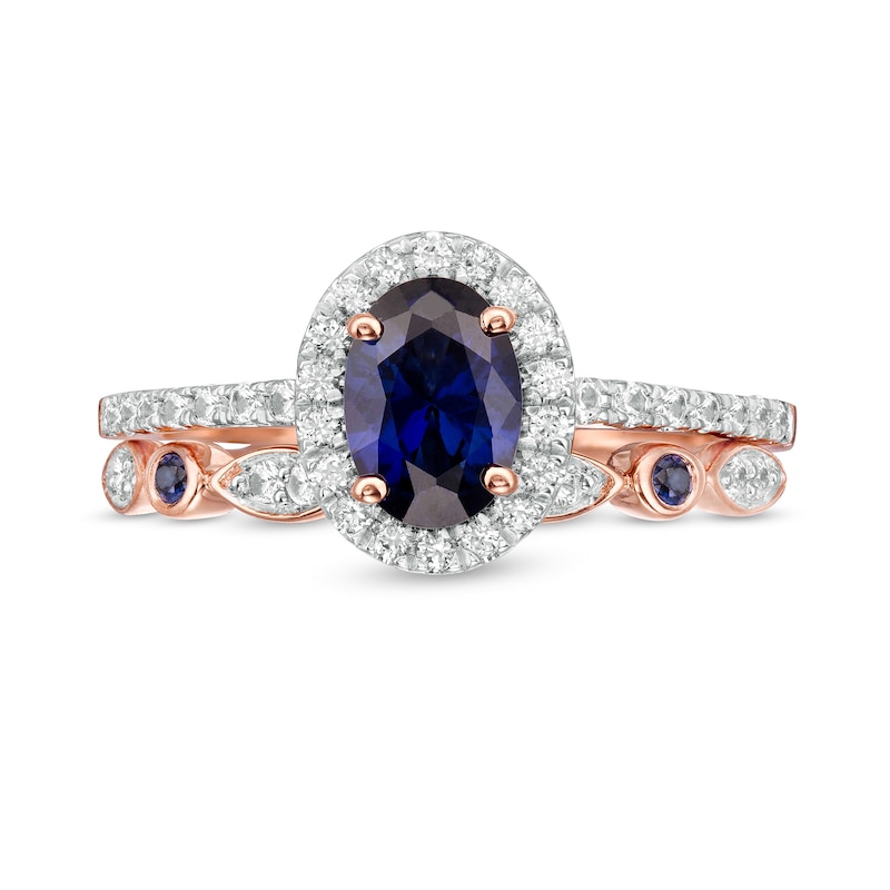 Main Image 4 of Oval Lab-Created Blue and White Sapphire Frame Art Deco Bridal Set in 10K Rose Gold