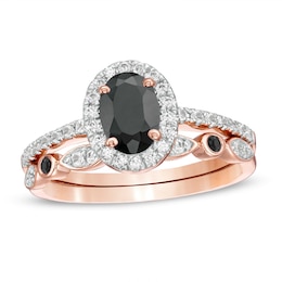 Oval Black Spinel and Lab-Created White Sapphire Frame Art Deco Bridal Set in 10K Rose Gold