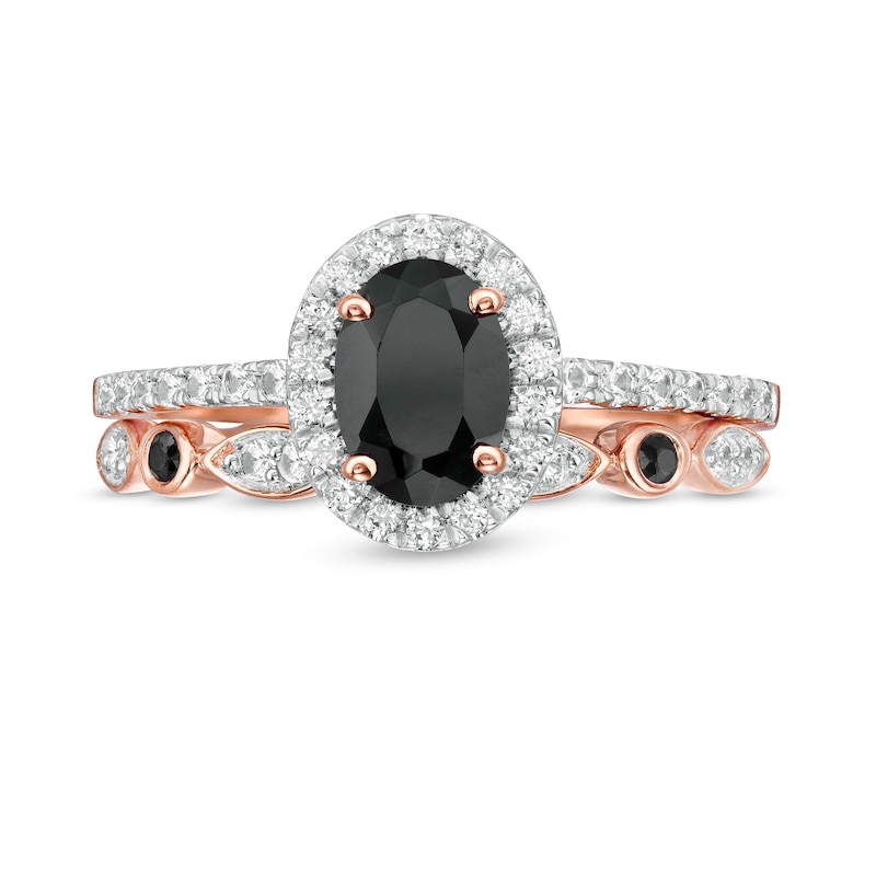 Oval Black Spinel and Lab-Created White Sapphire Frame Art Deco Bridal Set in 10K Rose Gold