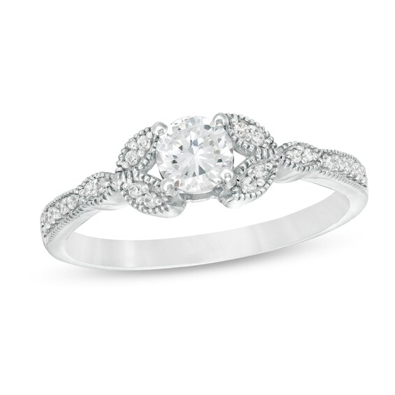 0.37 CT. T.W. Diamond Leaf-Sides Vintage-Style Engagement Ring in 10K Gold