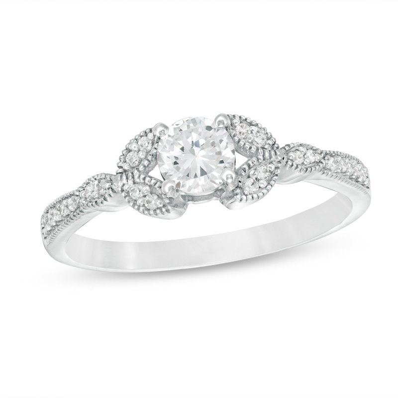 0.37 CT. T.W. Diamond Leaf-Sides Vintage-Style Engagement Ring in 10K White Gold