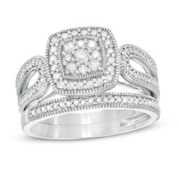 0.45 CT. T.W. Composite Diamond Cushion Frame Looped Vintage-Style Bridal Set in 10K White Gold