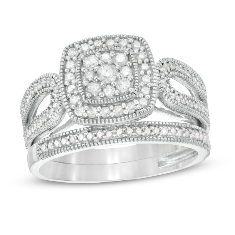 0.45 CT. T.W. Composite Diamond Cushion Frame Looped Vintage-Style Bridal Set in 10K White Gold
