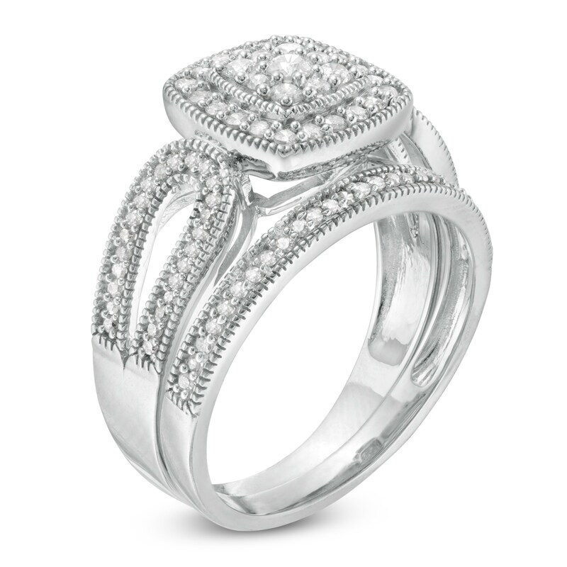 Main Image 3 of 0.45 CT. T.W. Composite Diamond Cushion Frame Looped Vintage-Style Bridal Set in 10K White Gold