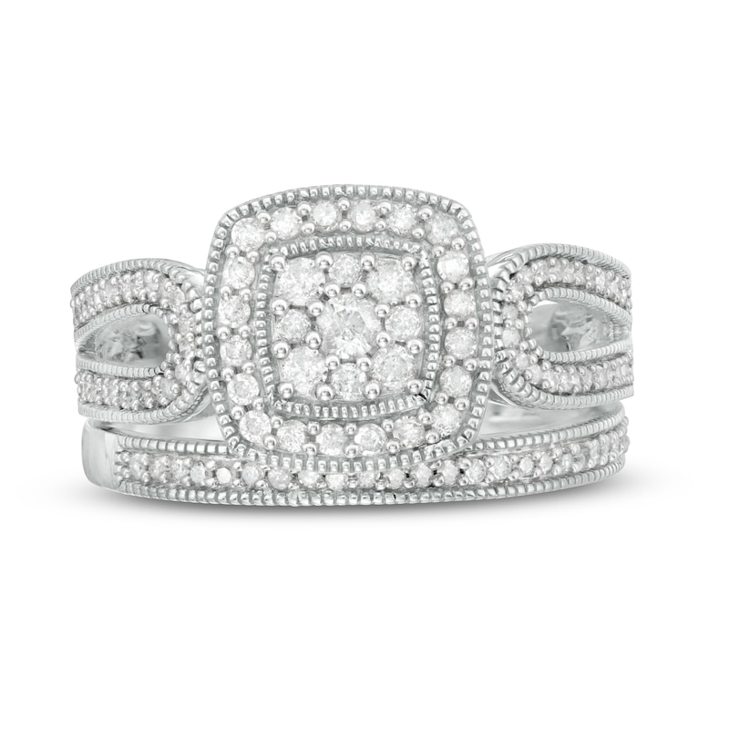 Main Image 4 of 0.45 CT. T.W. Composite Diamond Cushion Frame Looped Vintage-Style Bridal Set in 10K White Gold
