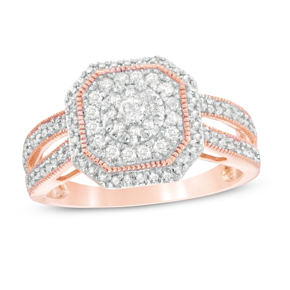 0.45 CT. T.W. Composite Diamond Octagonal Frame Vintage-Style Split Shank Engagement Ring in 10K Rose