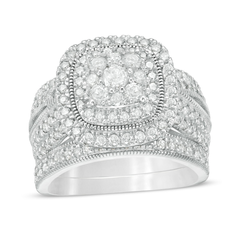 1.29 CT. T.W. Multi-Diamond Cushion Frame Vintage-Style Bridal Set in 10K White Gold