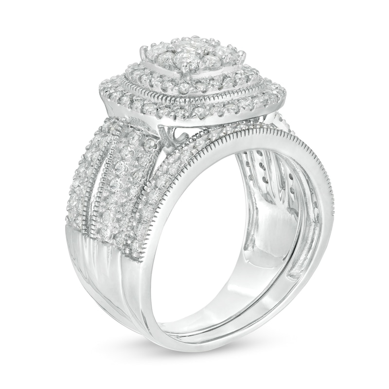 1.29 CT. T.W. Multi-Diamond Cushion Frame Vintage-Style Bridal Set in 10K White Gold