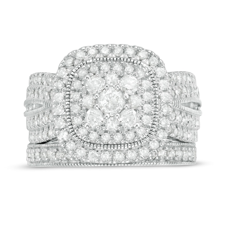 1.29 CT. T.W. Multi-Diamond Cushion Frame Vintage-Style Bridal Set in 10K White Gold