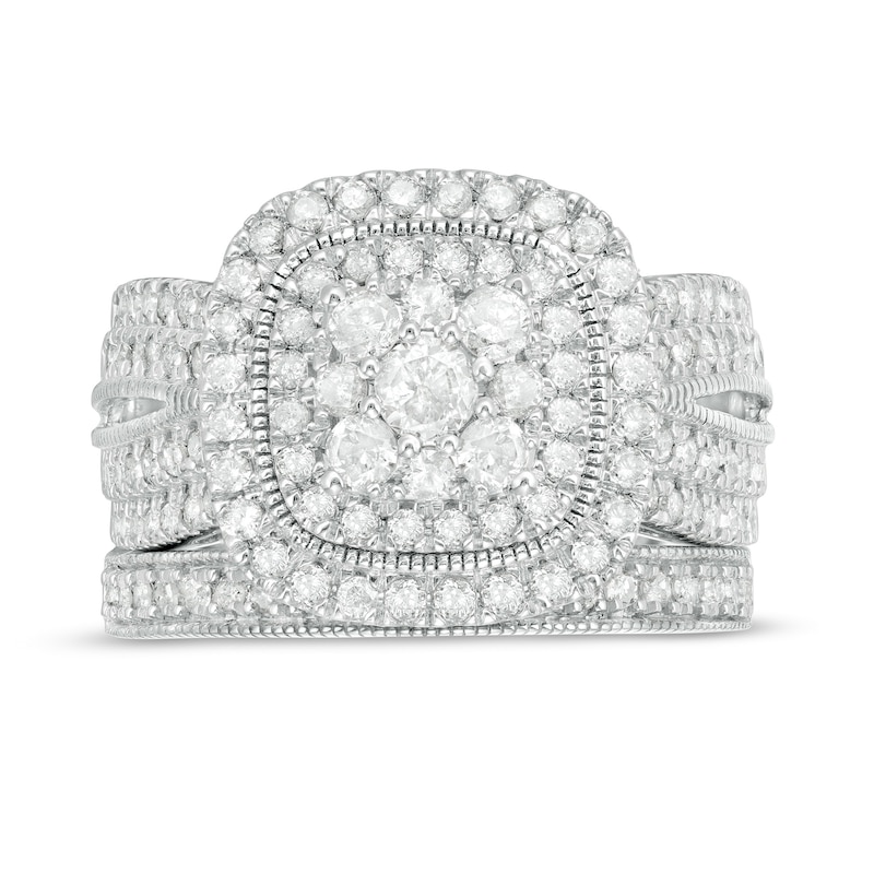 Main Image 4 of 1.29 CT. T.W. Multi-Diamond Cushion Frame Vintage-Style Bridal Set in 10K White Gold