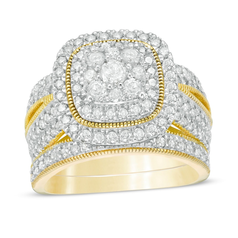 Main Image 1 of 1.29 CT. T.W. Multi-Diamond Cushion Frame Vintage-Style Bridal Set in 10K Gold
