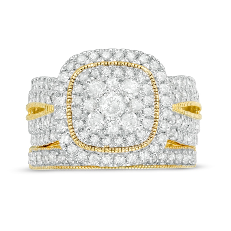 1.29 CT. T.W. Multi-Diamond Cushion Frame Vintage-Style Bridal Set in 10K Gold