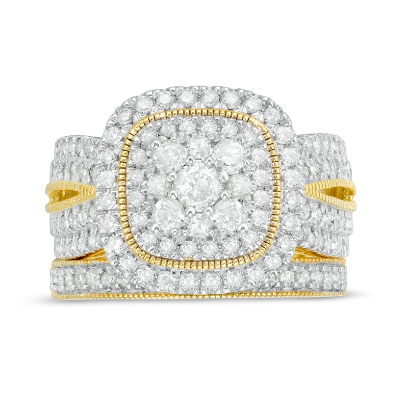 Main Image 4 of 1.29 CT. T.W. Multi-Diamond Cushion Frame Vintage-Style Bridal Set in 10K Gold