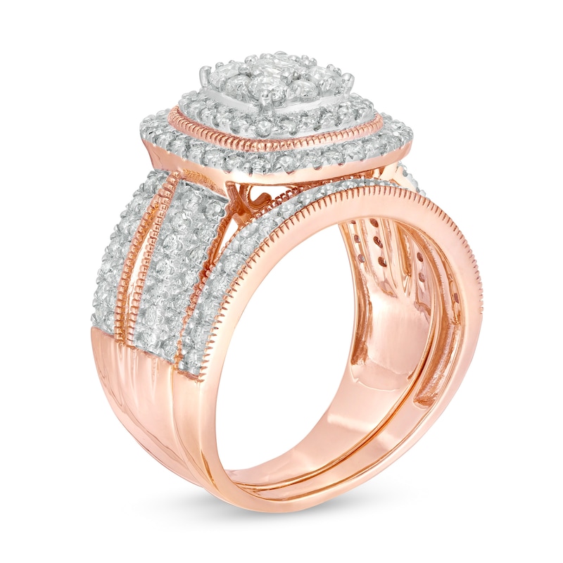 1.29 CT. T.W. Multi-Diamond Cushion Frame Vintage-Style Bridal Set in 10K Rose Gold