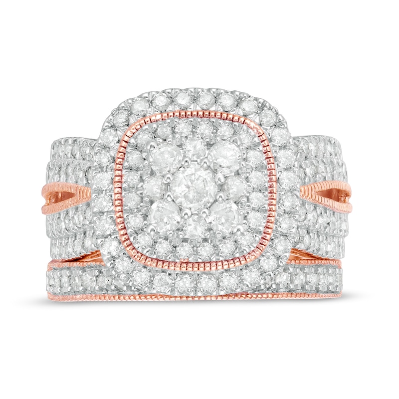 1.29 CT. T.W. Multi-Diamond Cushion Frame Vintage-Style Bridal Set in 10K Rose Gold