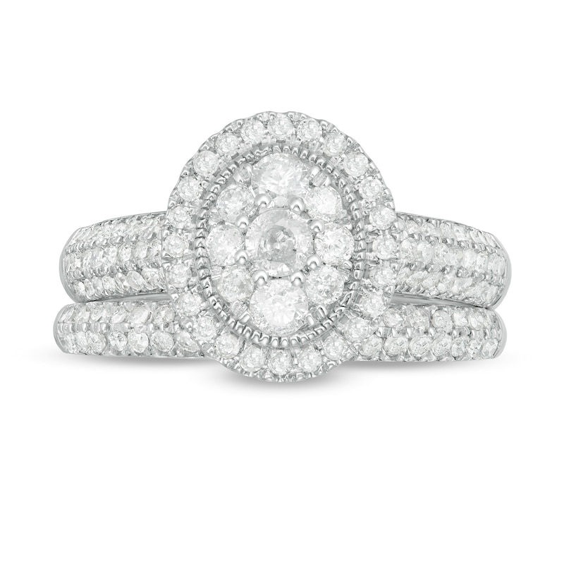 0.95 CT. T.W. Multi-Diamond Oval Frame Vintage-Style Bridal Set in 10K White Gold