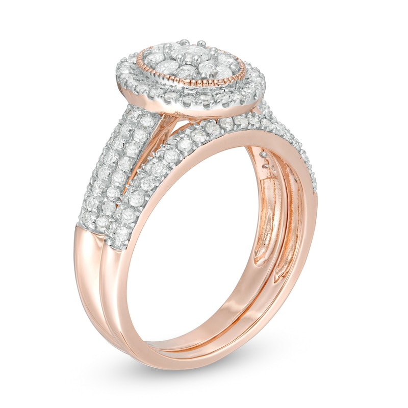 Main Image 3 of 0.95 CT. T.W. Multi-Diamond Oval Frame Vintage-Style Bridal Set in 10K Rose Gold