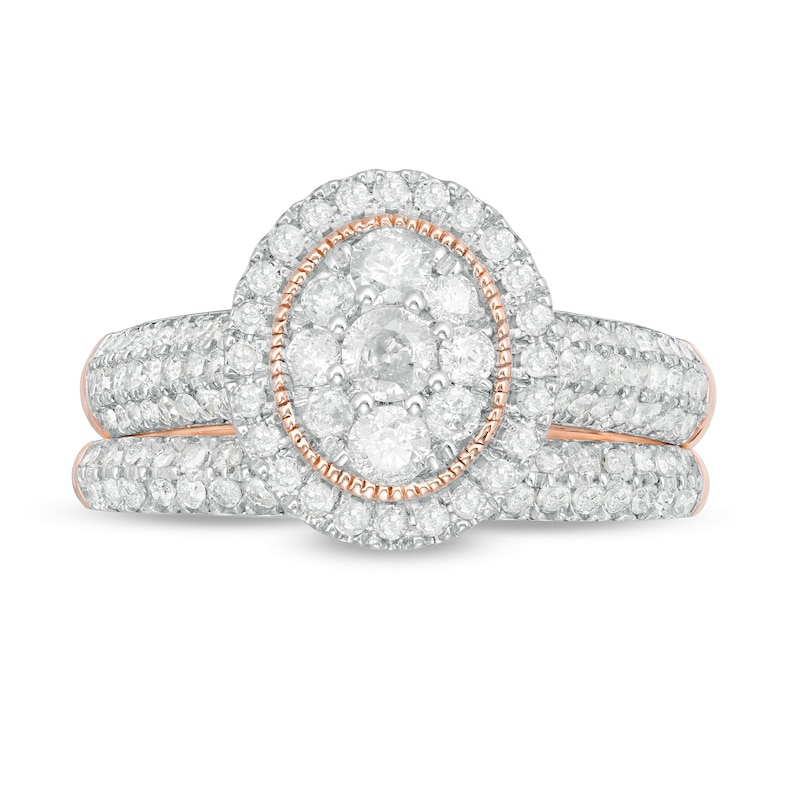 Main Image 4 of 0.95 CT. T.W. Multi-Diamond Oval Frame Vintage-Style Bridal Set in 10K Rose Gold