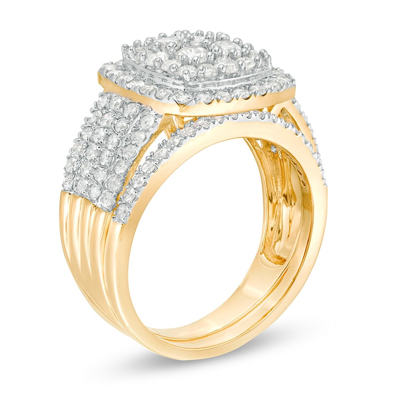 1.45 CT. T.W. Multi-Diamond Cushion Frame Bridal Set in 10K Gold