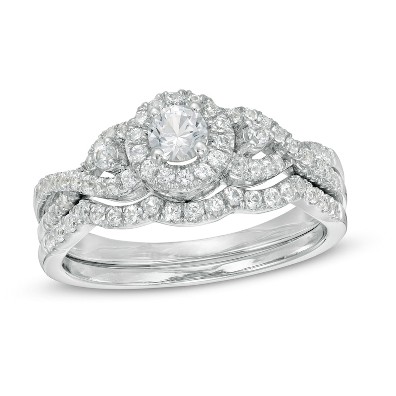 Lab-Created White Sapphire Frame Cascading Shank Bridal Set in Sterling Silver|Peoples Jewellers