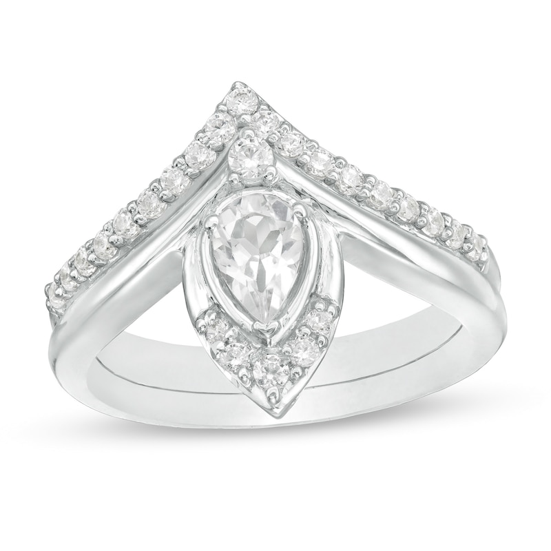 Main Image 1 of Pear-Shaped Lab-Created White Sapphire and 0.29 CT. T.W. Diamond Chevron Bridal Set in 10K White Gold