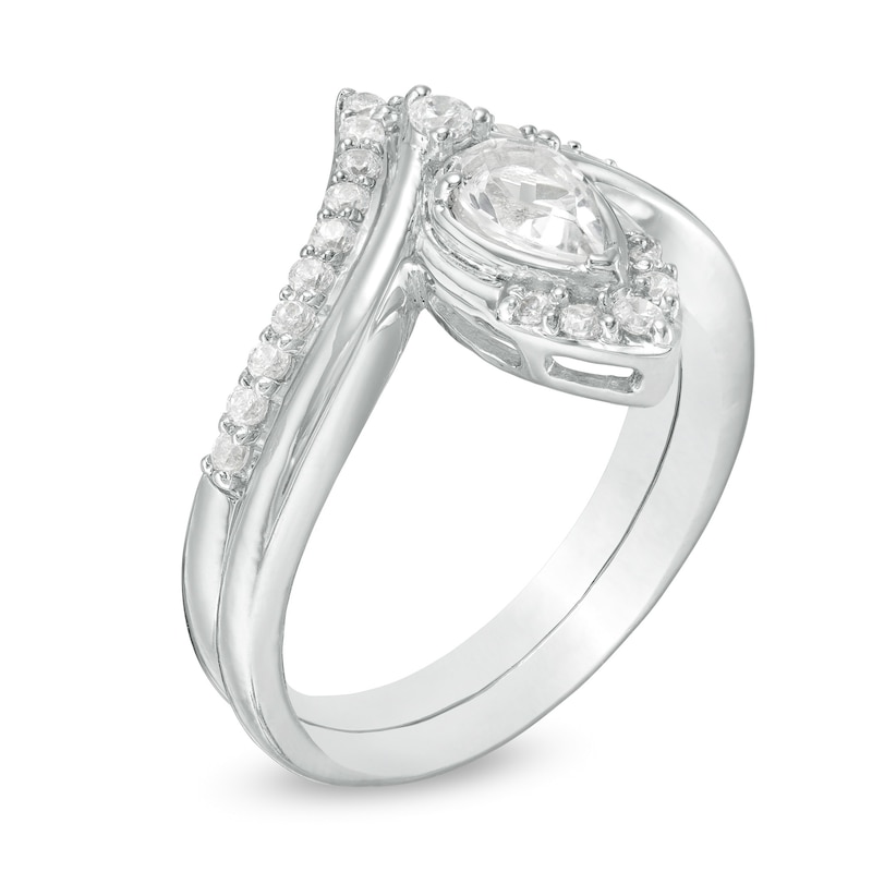 Main Image 3 of Pear-Shaped Lab-Created White Sapphire and 0.29 CT. T.W. Diamond Chevron Bridal Set in 10K White Gold