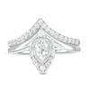 Thumbnail Image 4 of Pear-Shaped Lab-Created White Sapphire and 0.29 CT. T.W. Diamond Chevron Bridal Set in 10K White Gold