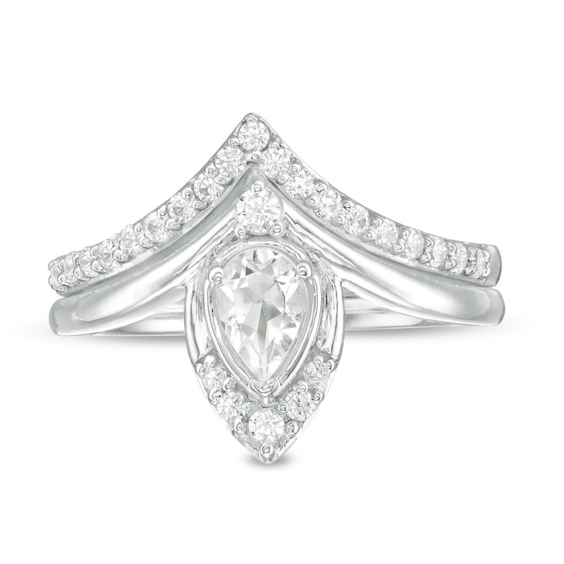 Main Image 4 of Pear-Shaped Lab-Created White Sapphire and 0.29 CT. T.W. Diamond Chevron Bridal Set in 10K White Gold