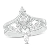Thumbnail Image 1 of Lab-Created White Sapphire and 0.085 CT. T.W. Diamond Sunrise Chevron Bridal Set in Sterling Silver