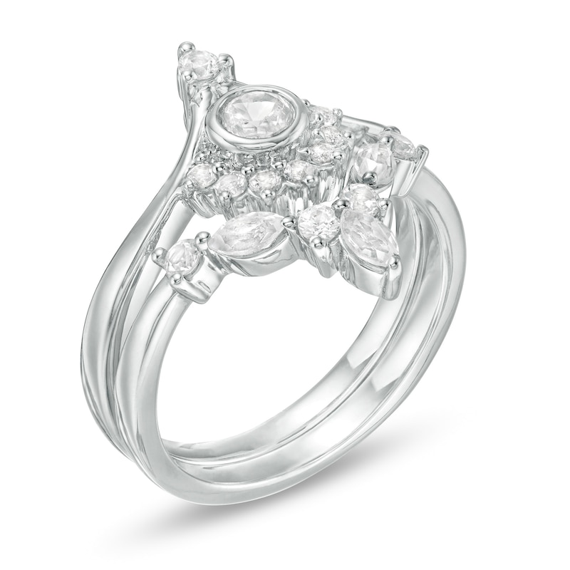 Main Image 3 of Lab-Created White Sapphire and 0.085 CT. T.W. Diamond Sunrise Chevron Bridal Set in Sterling Silver